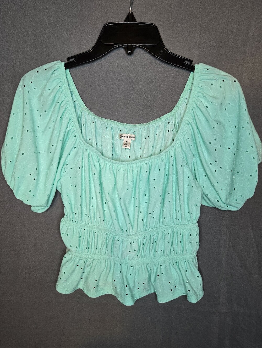 Mint Green Eyelet Crop Top Versona Puff Sleeve Cropped Blouse Knit M